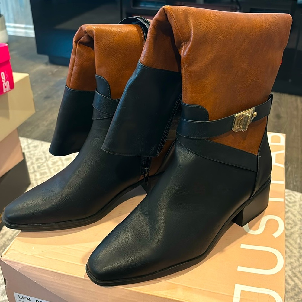 Black and brown tall boots, low heel